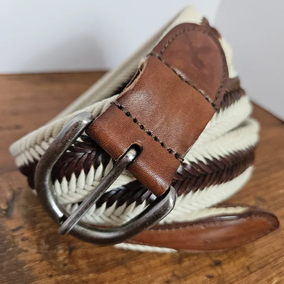 Tommy Bahama Brown Leather and Cream Cord Woven Belt Mens L 38-40 - Picture 2 of 10